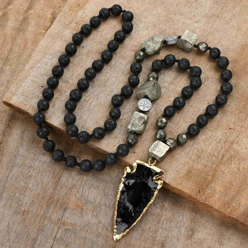 Natural Lava Rock Stone Obsidian Arrow Charm Amulet Meditation Healing Necklace