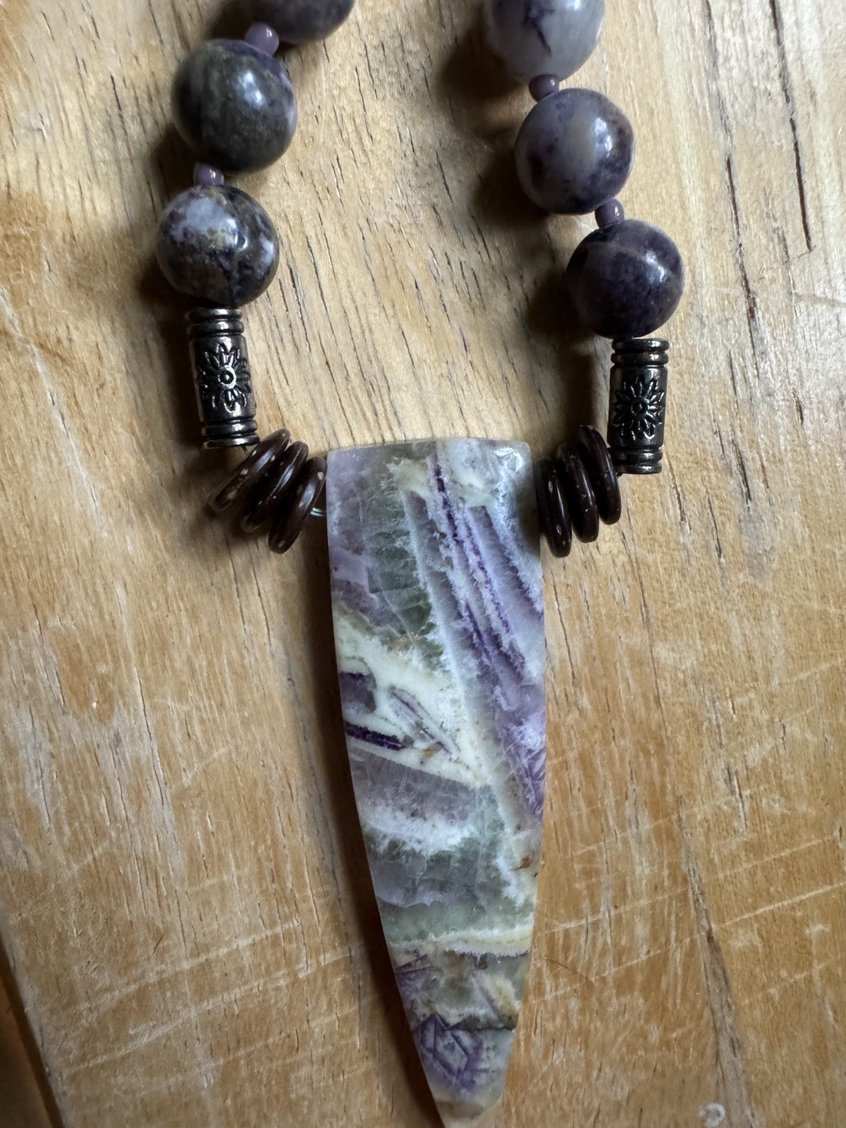 Beaded Necklace Stone & Wood Beads Purple/White Tusk Charm Pendant, Toggle