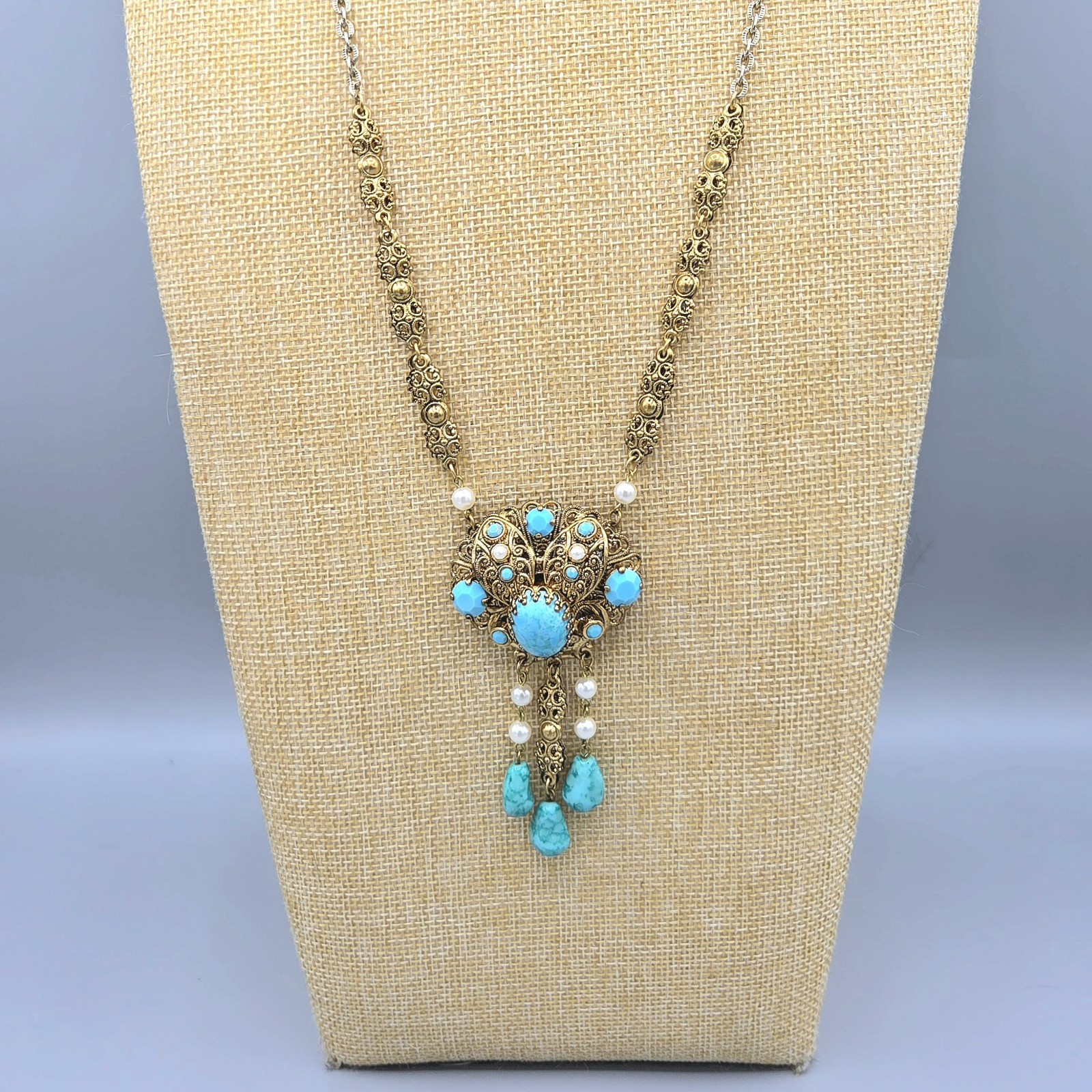 WEST GERMANY Turquoise Mottled Art Glass Drop Faux Pearl Sautoir Necklace 26″