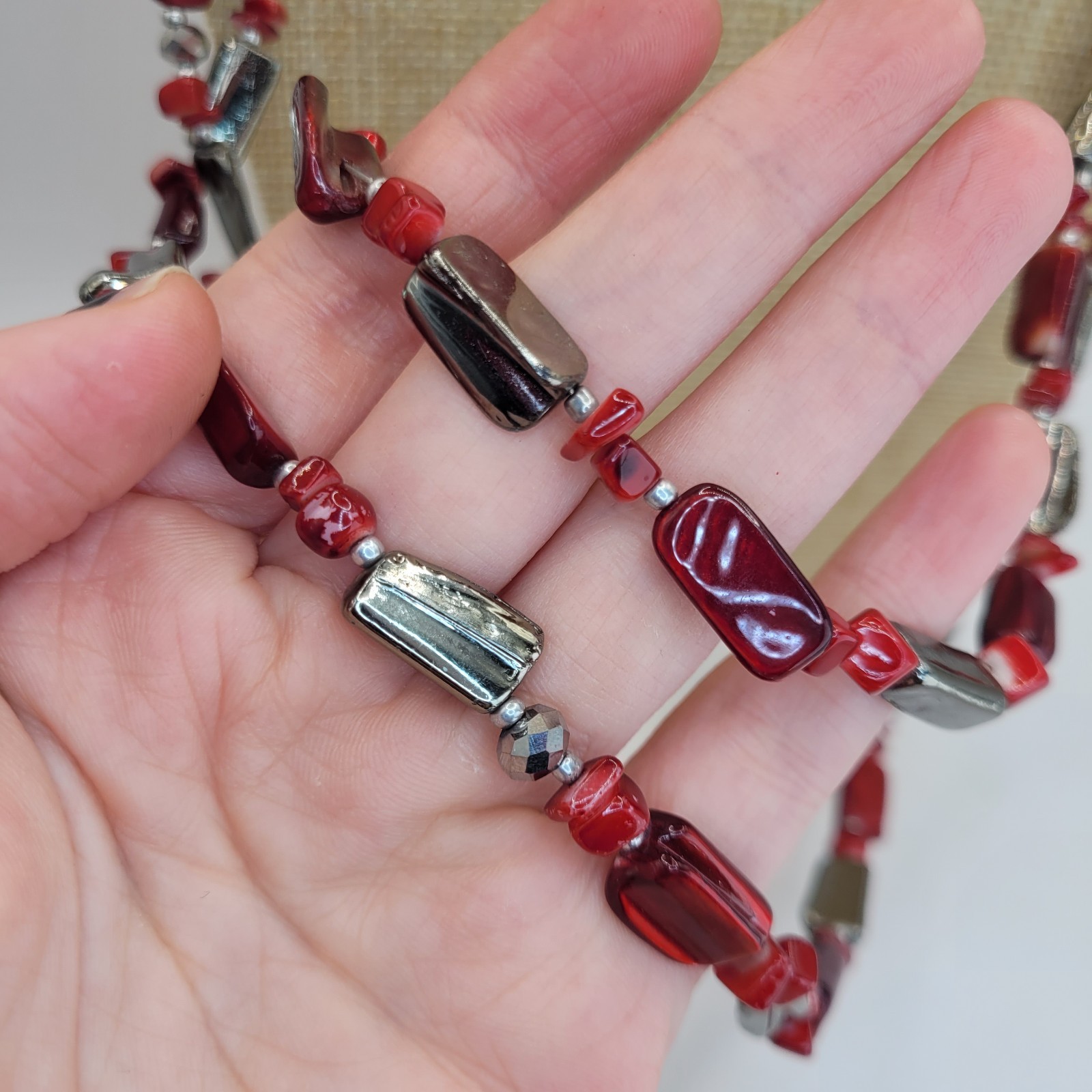 Long Layered Red Glass and Black Grey Hematite Tone Bead Necklace