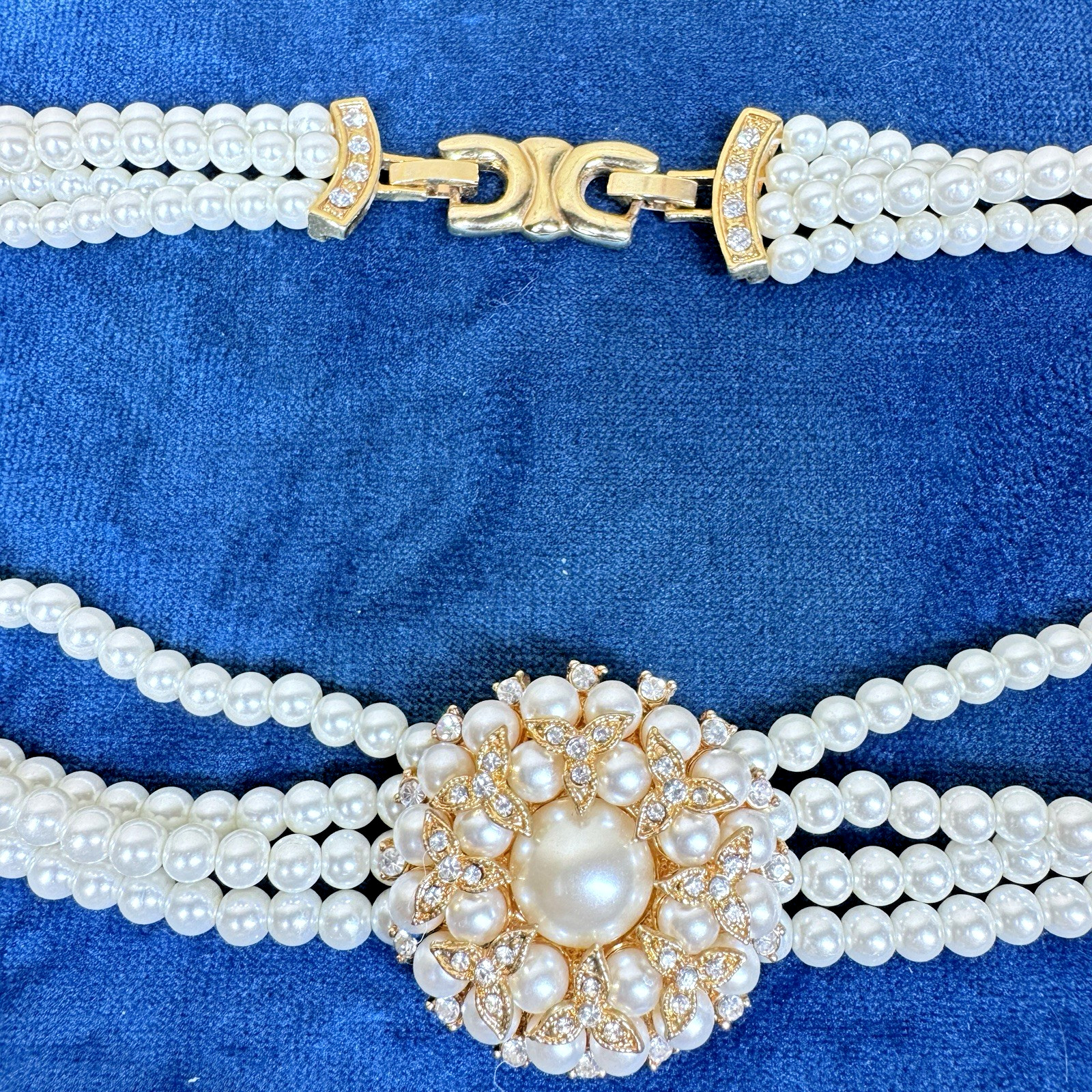 Faux Pearl Multi Strand Choker Necklace Gold Tone Floral Cluster Costume Jewelry
