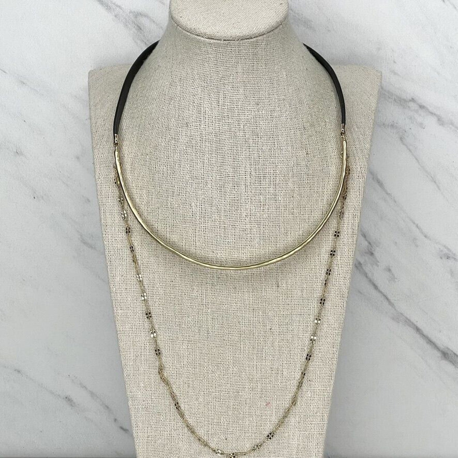 Chico’s Black Faux Leather Gold Tone Layered Chain Necklace – 17″