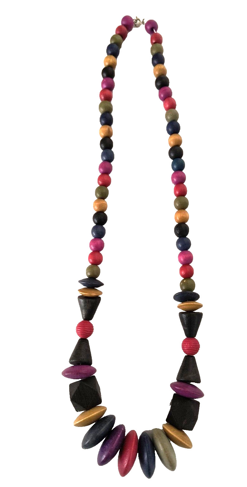 Women’s Statement Necklace Multicolor Wooden Beads Assorted Sizes 15 in drop