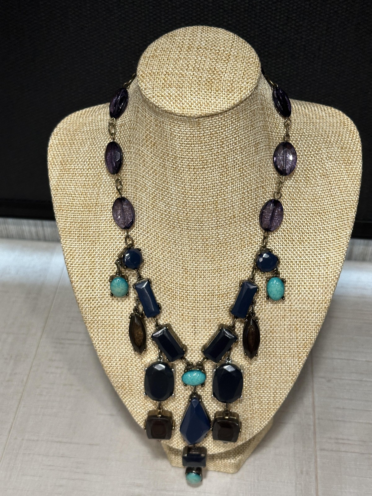 Chico’s Necklace Multicolor Bib Statement Faceted Stones 15 In Lobster Clasp
