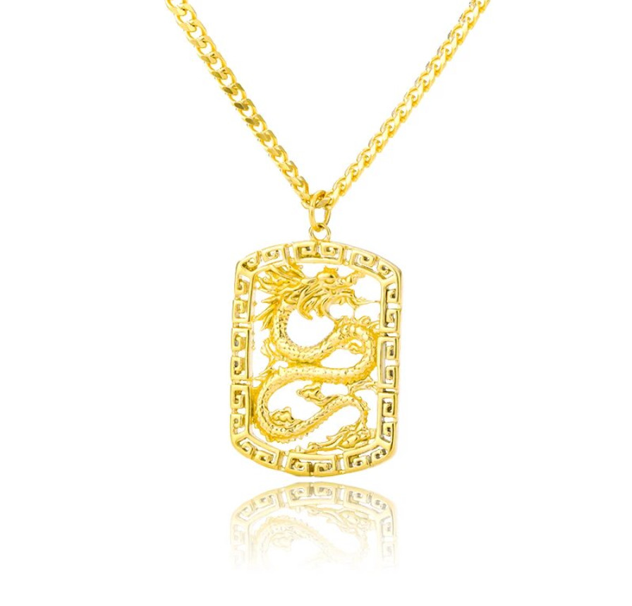 Dragon Square Pendant GOLD Plated Necklace Asian Mythology Power Strength Health