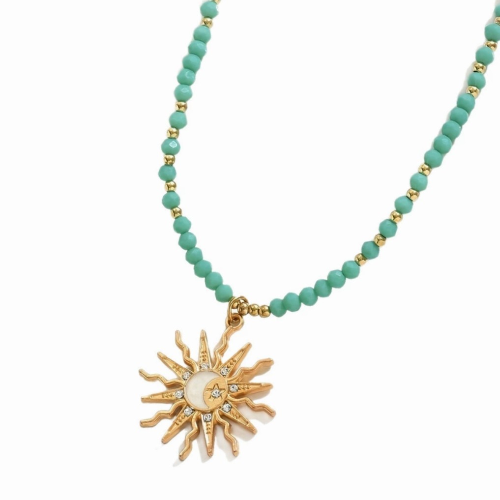 Boho Turquoise Beaded Sun & Moon CZ Gilded Charm Adjustable Necklace Choker