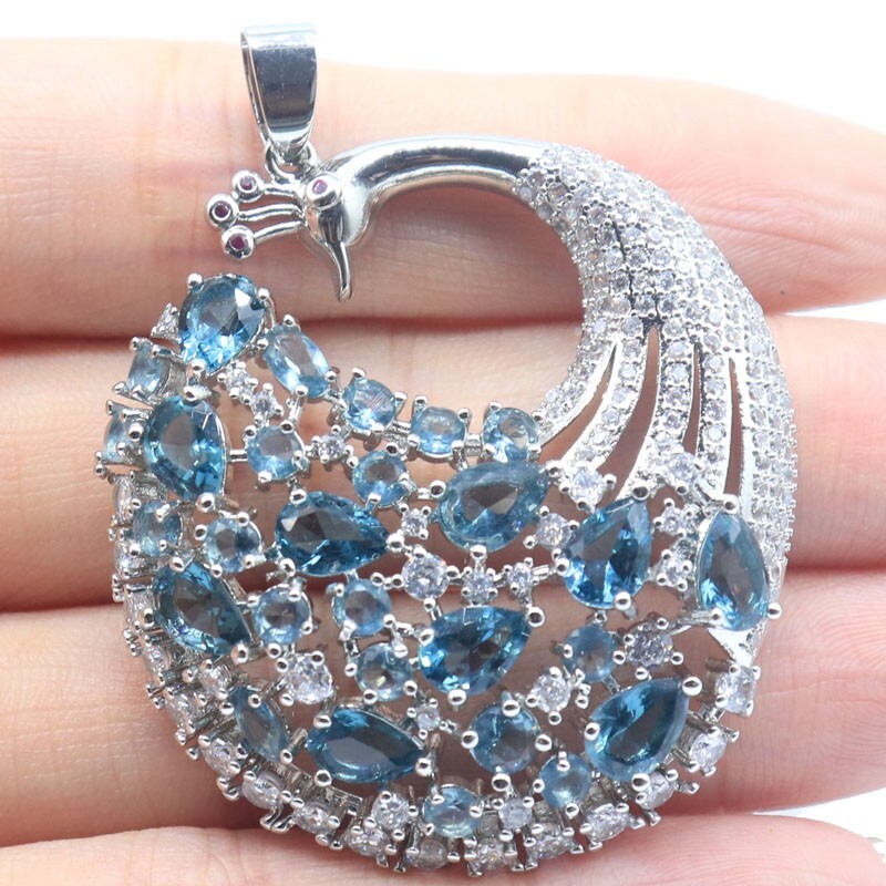 Multi Color Peacock Big Tourmaline Citrine Blue Topaz Kunzite CZ Silver Pendant