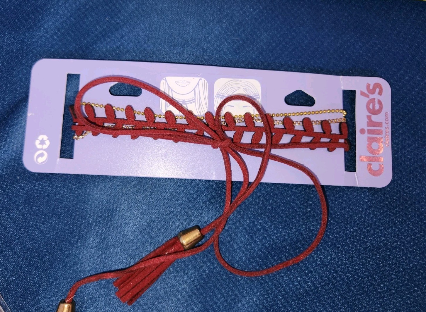 Claires Adjustable 2 Layer Faux Leather Dark Red Chokers Also Can Be Headband.
