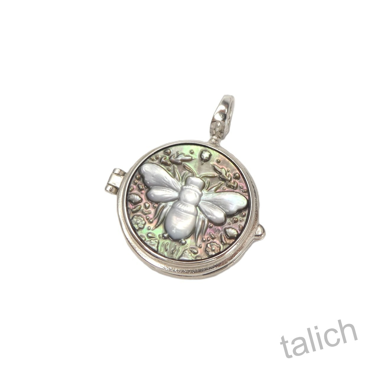 925 Sterling Silver Black Mother of Pearl Bee & Rose Cameo Locket Pendant Unique