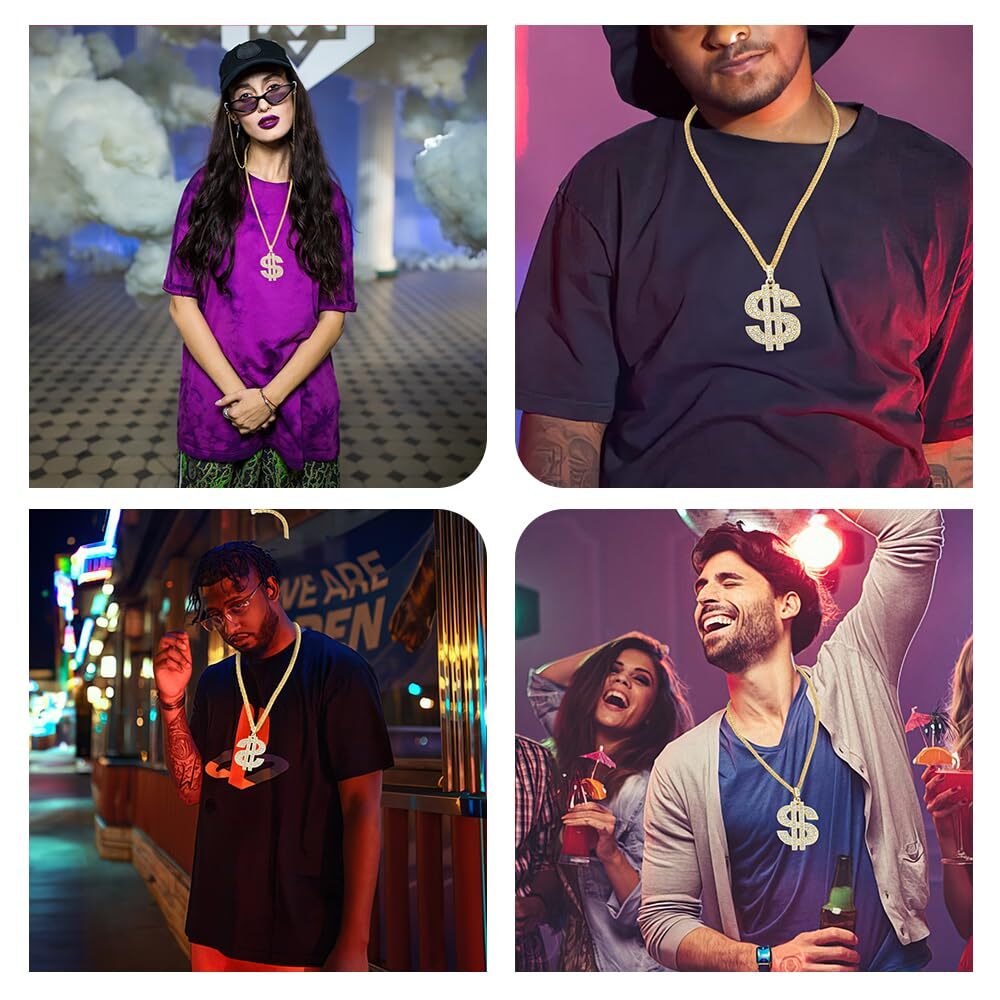 Hip Hop Gold Chain Fake Dollar Sign Pendant Necklace for 80’s 90’s Outfit