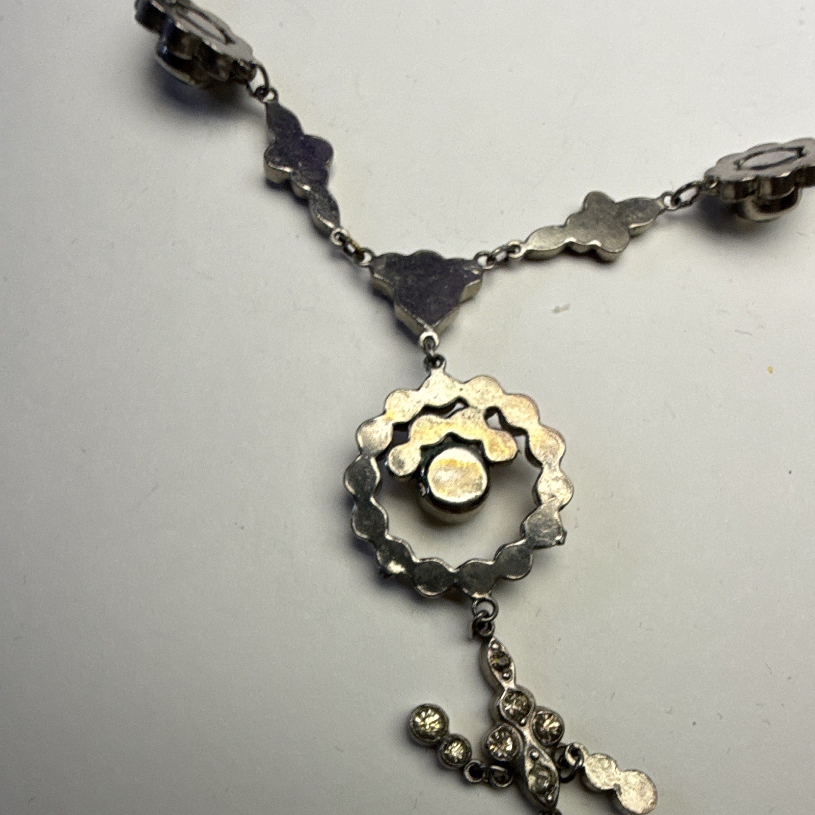 Silver Tone Clear Rhinestone Round Bezel Charm Pendant Rope Necklace Spring Ring