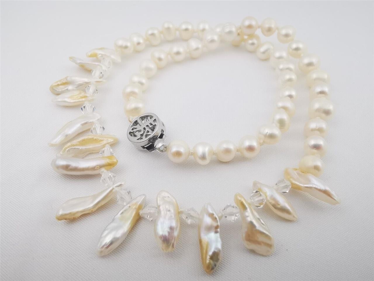 6-7mm white freshwater pearl Biwa stick pearls statement necklace 17″ jewelry