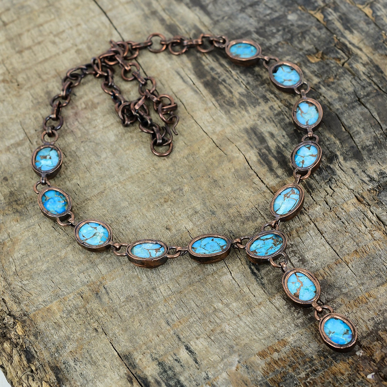Copper Blue Turquoise Gemstone Electroformed Anniversary Chain Necklace Copper