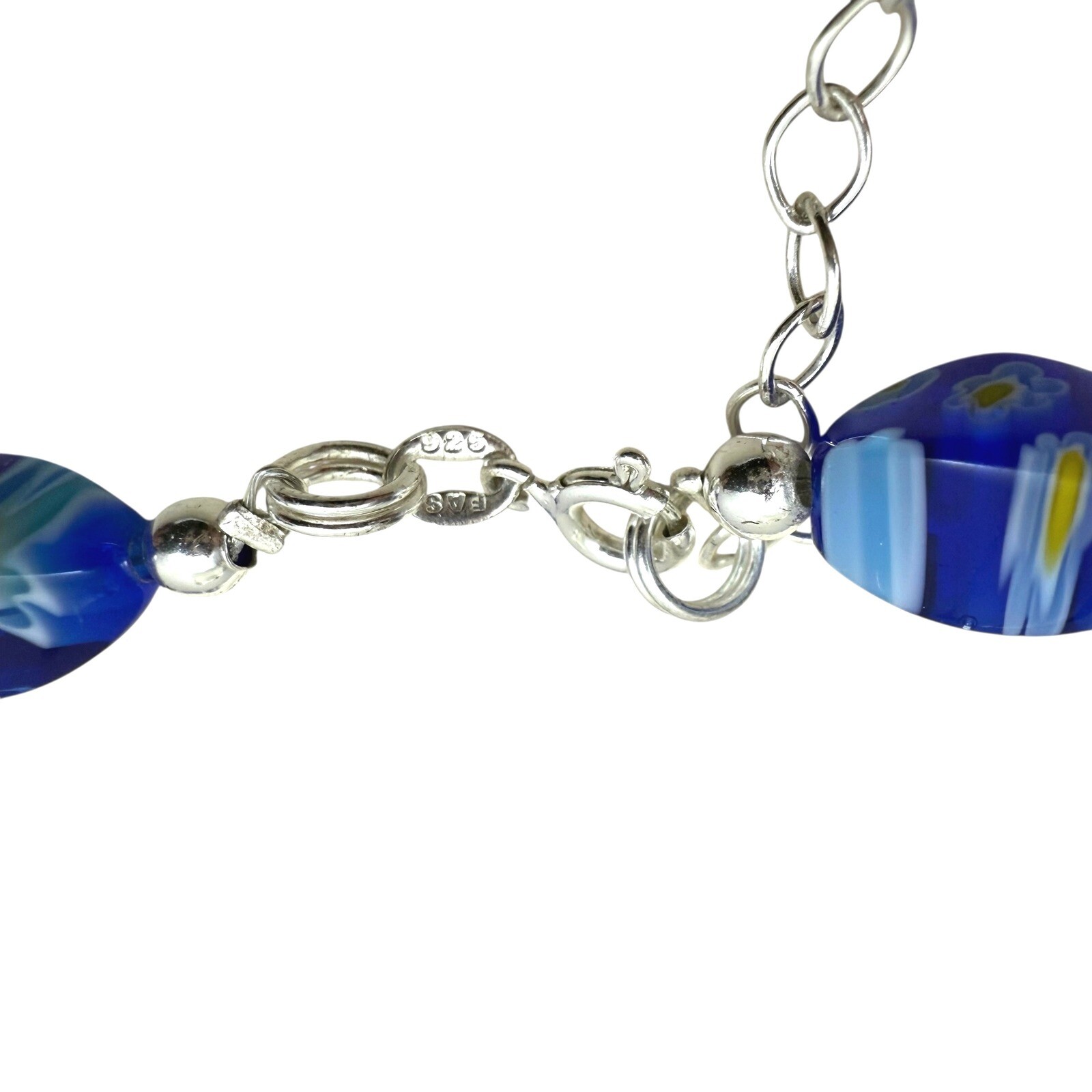 925 Silver Blue Millefiori Glass Beaded Necklace Floral Collar Accent 7.5 in L