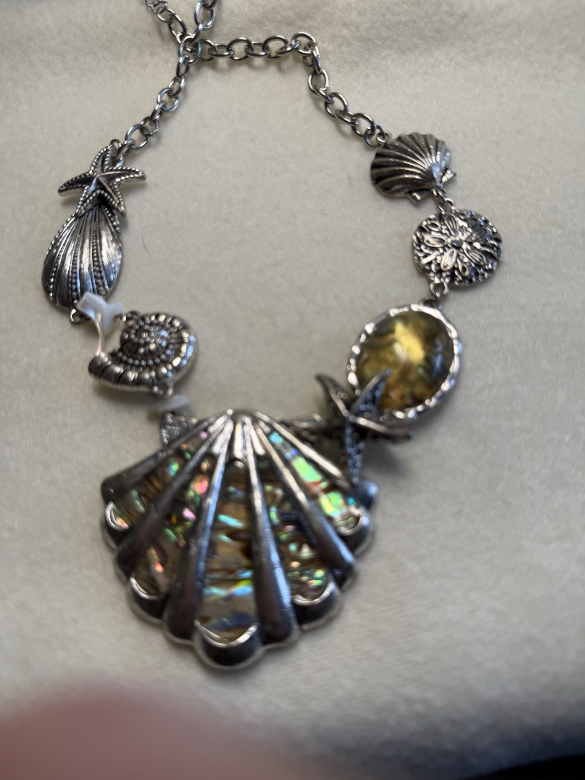 Coastal Silver Tropical Shell Necklace Cruise Wear Abalone