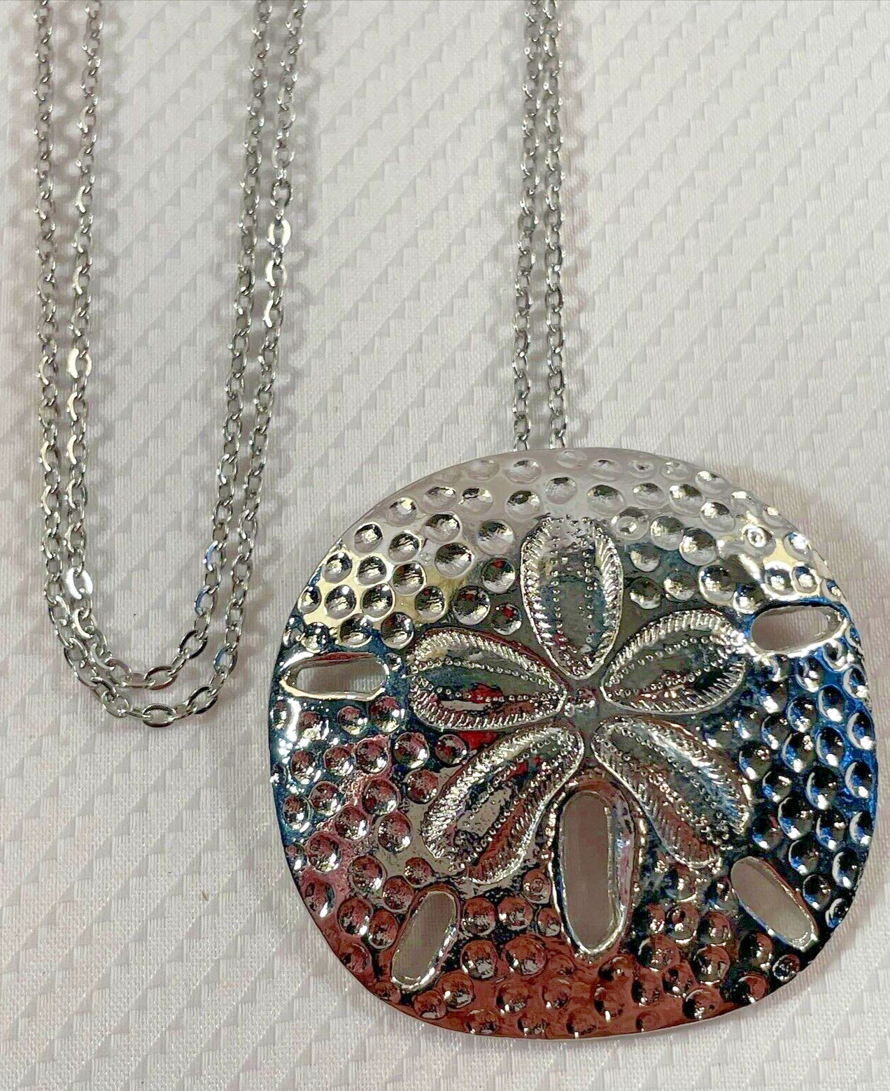 Sand Dollar LG Silver Necklace 30” Stainless Chain Coastal Sea Life Jewelry NEW