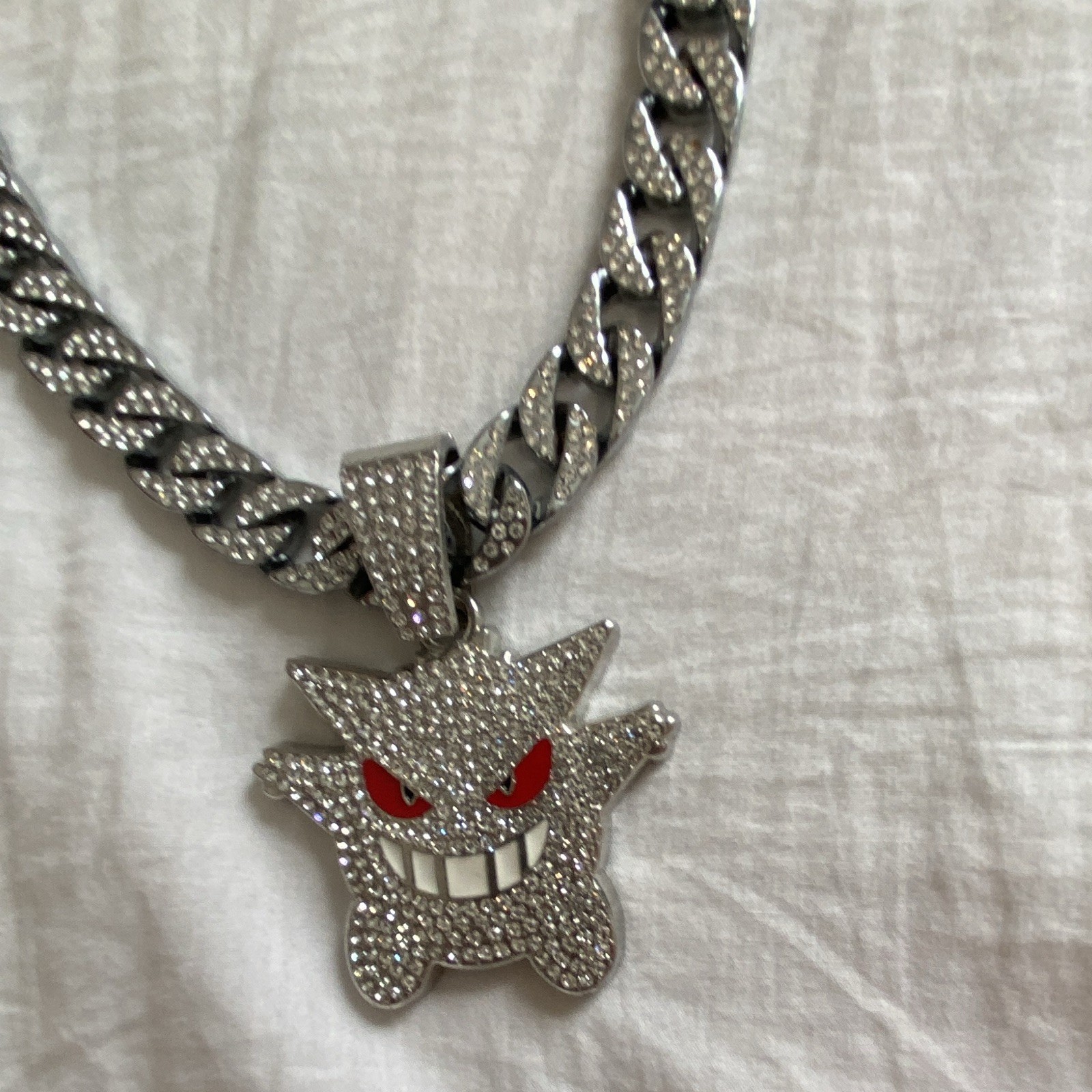 Silver Cuban Link Chain Necklace Gengar Charm Pendant Pavé Rhinestone Box