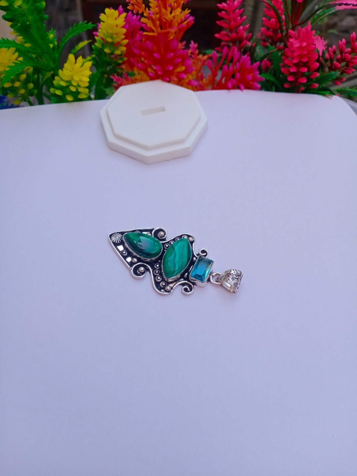 Natural Malachite sterling silver plated pendant | Blue Topaz boho pendant