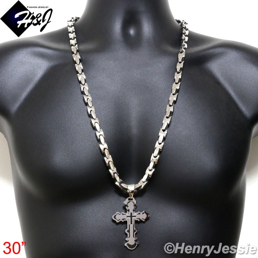 18-40″Stainless Steel 8mm Silver Interlock Chain Black Plated Cross Pendant*BP72