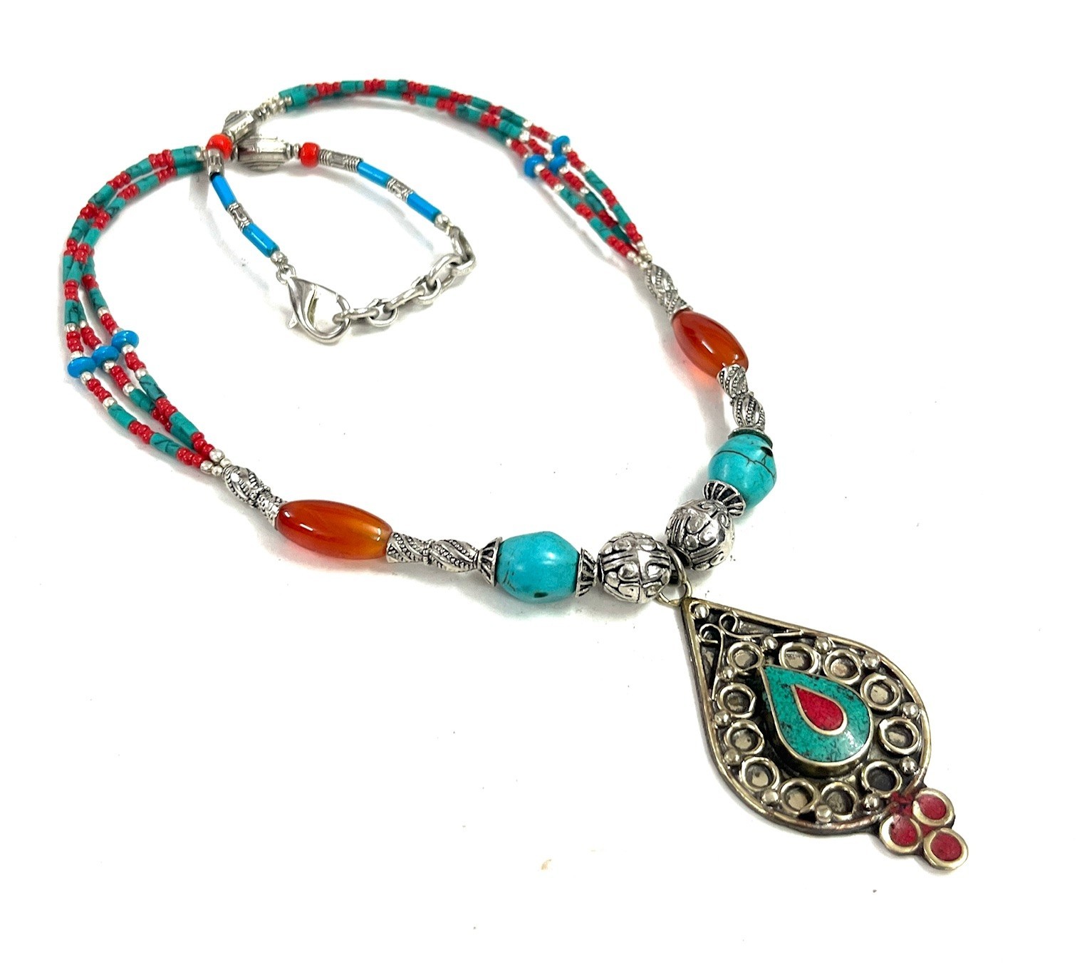 Ethnic Turquoise Carnelian Gemstone Tibetan Necklace Jewelry, 16 Inc Adjst