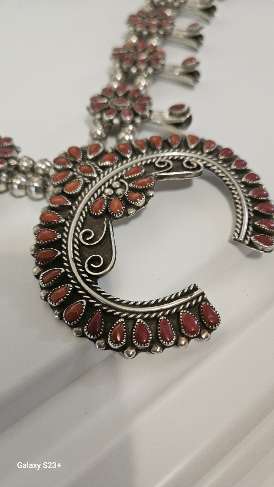 Silver Tone Beaded Necklace Crescent Charm Pendant Red Teardrop Floral Hook