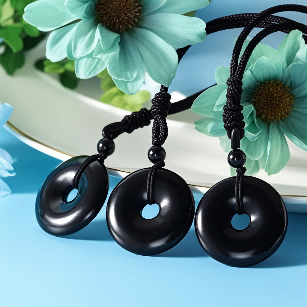 Black Obsidian Necklace 26mm Donut Pendant Guardian Amulet Adjustable Cord 18in