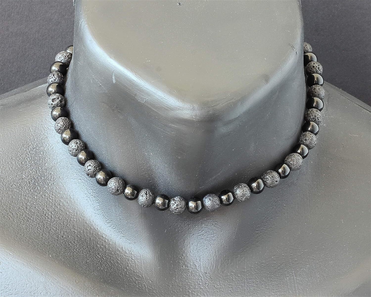 Mens Long Necklace Natural Black Lava & Black Onyx Beaded Healing Adjustable