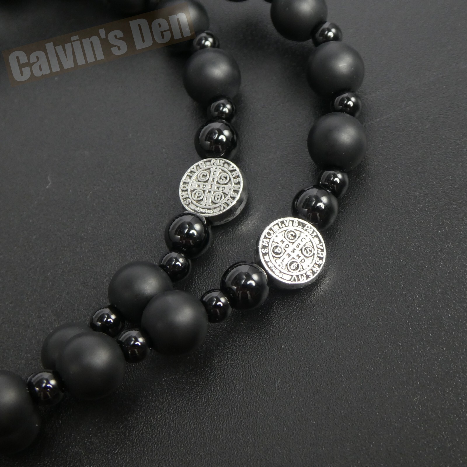 St Benedict Black Obsidian Onyx Black Hematite Cross Rosary Necklace Men Gift