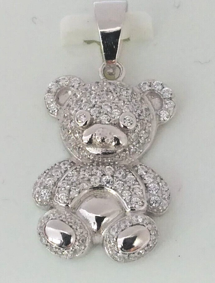 925 Sterling Silver Pendant Iced Teddy Bear cubic zirconia CZ’s MEDIUM 26X12MM
