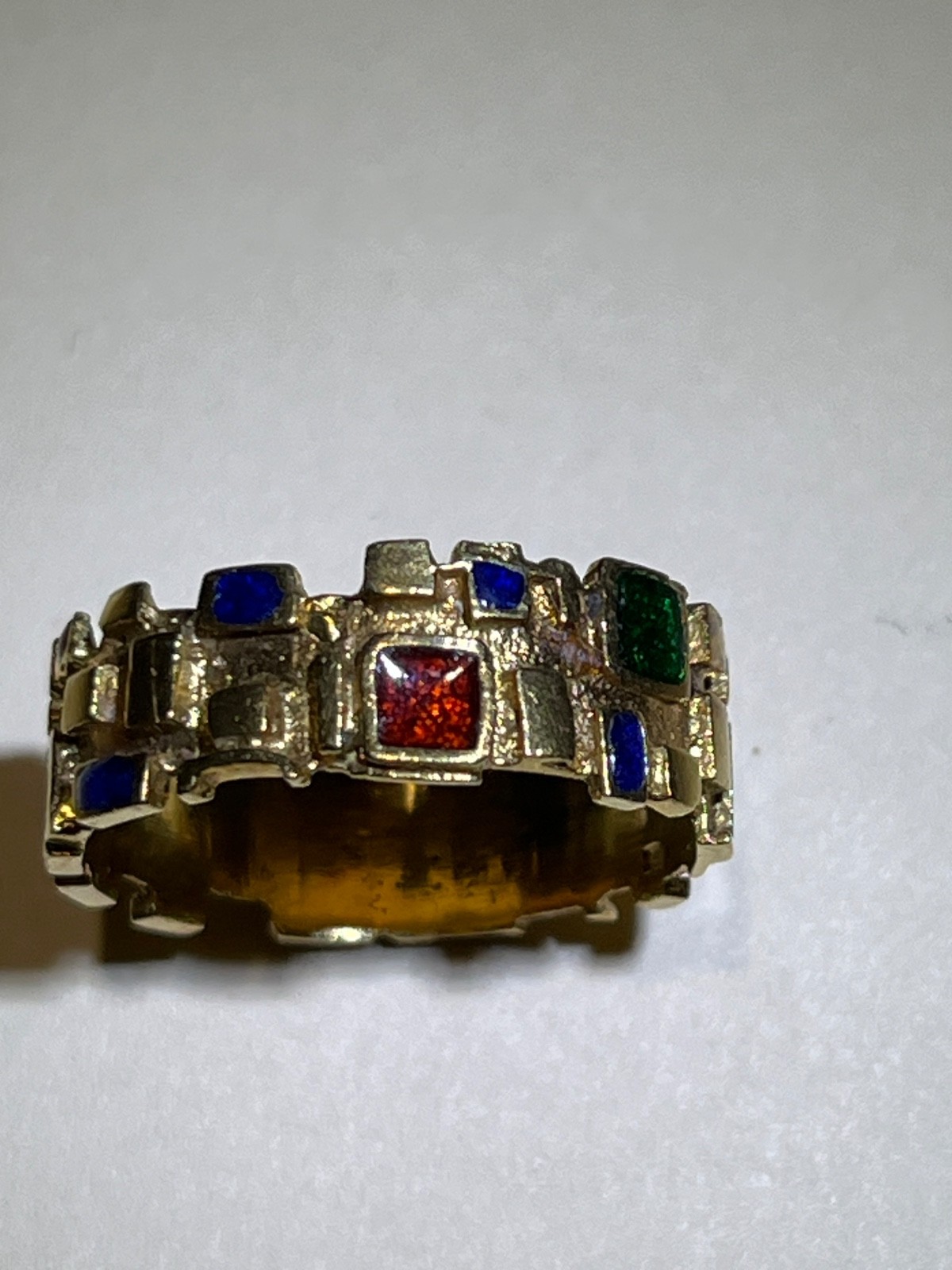 1970s modernist 14k gold geometric multi gemstone mosaic band estate piece