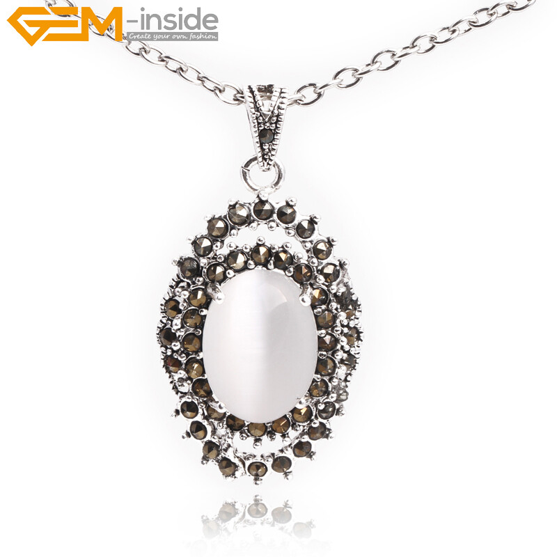 Oval Marcasite Tibetan Silver Crystal Coral jade Jewelry Pendant Necklace Dyed