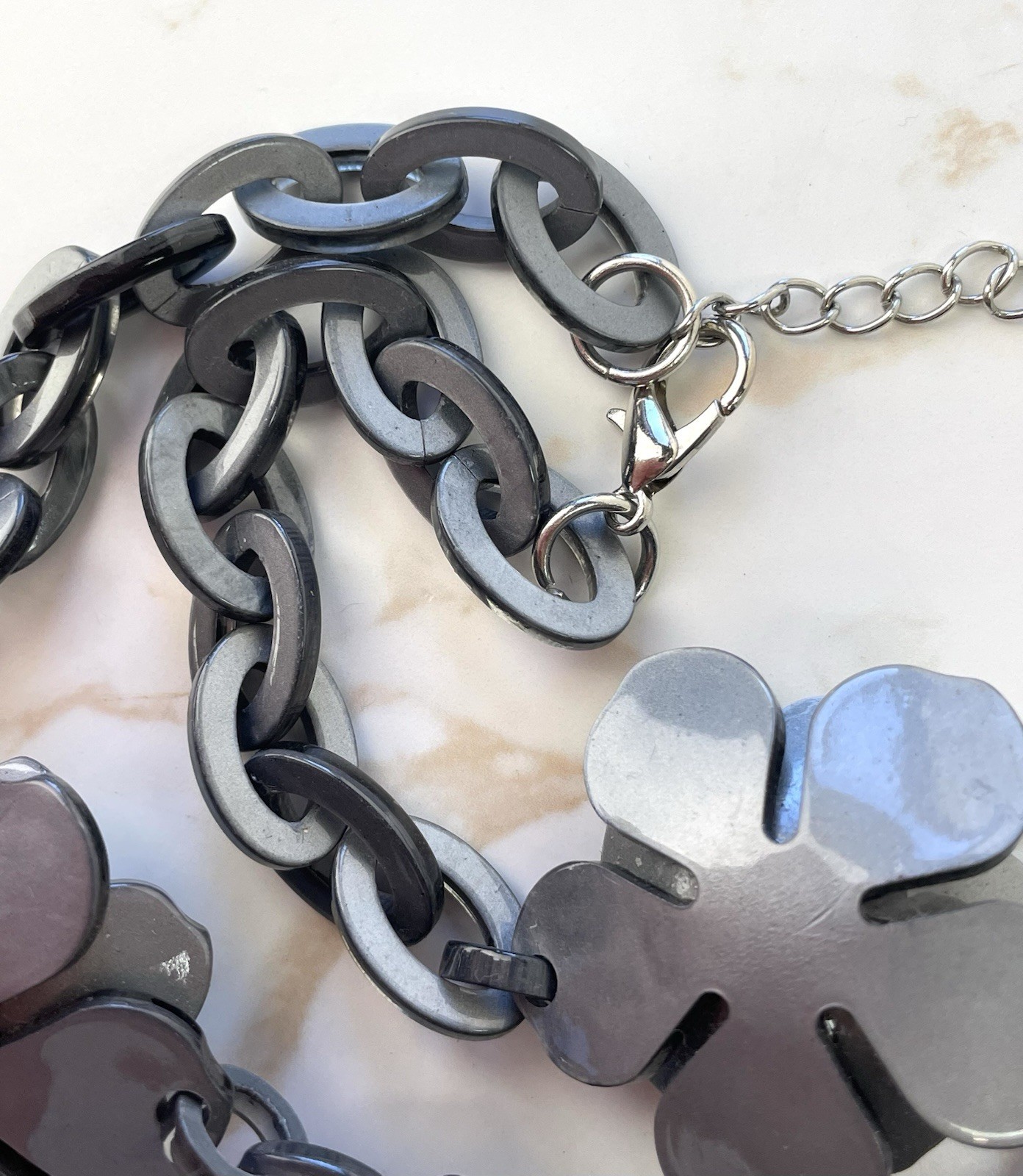 Statement Necklace Large Black Grey Marble Effect Acrylic Flowers