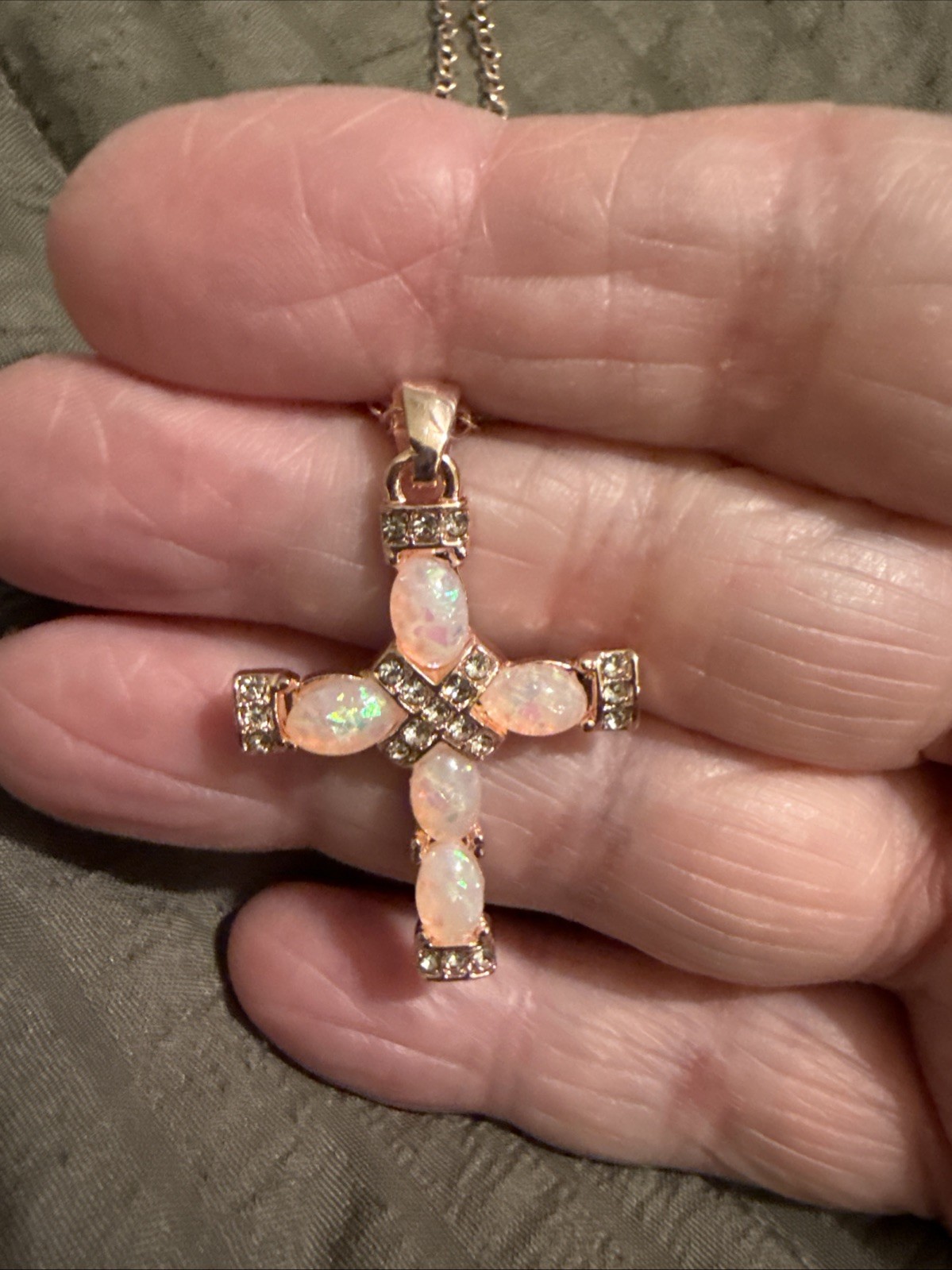 Rose Golden Hip Hop Pinkish Blue Glass Stones Cross Necklace W/rhinestones