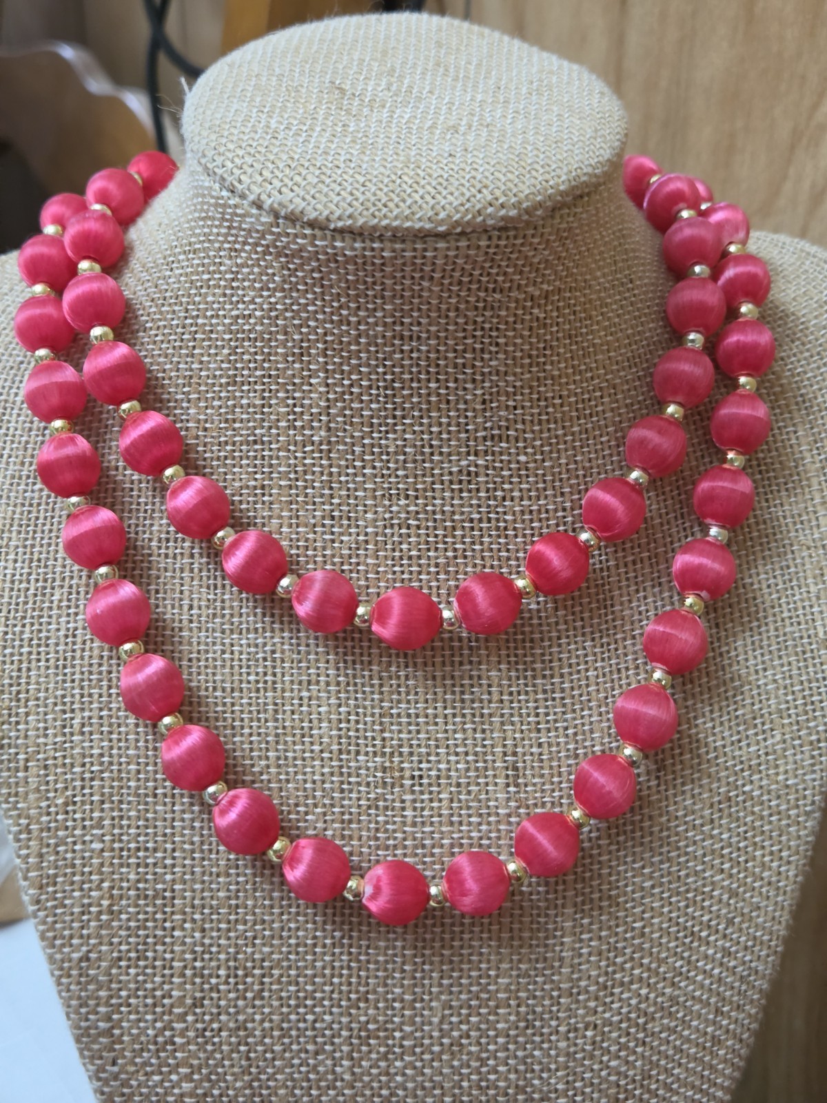 Mid Century 30” Necklace Beads Covered with Pink Thread & Gold Spacer Beads Vtg