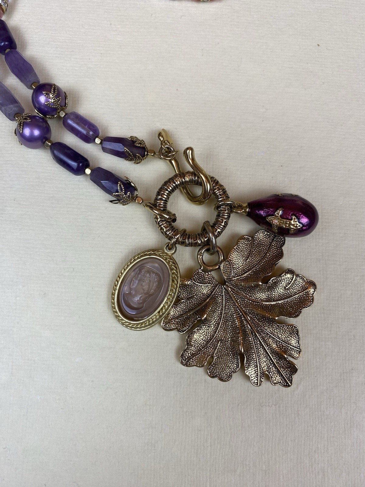 Signed Carolee Purple Beaded Charm Necklace Oak Leaf Acorn Cameo Statement
