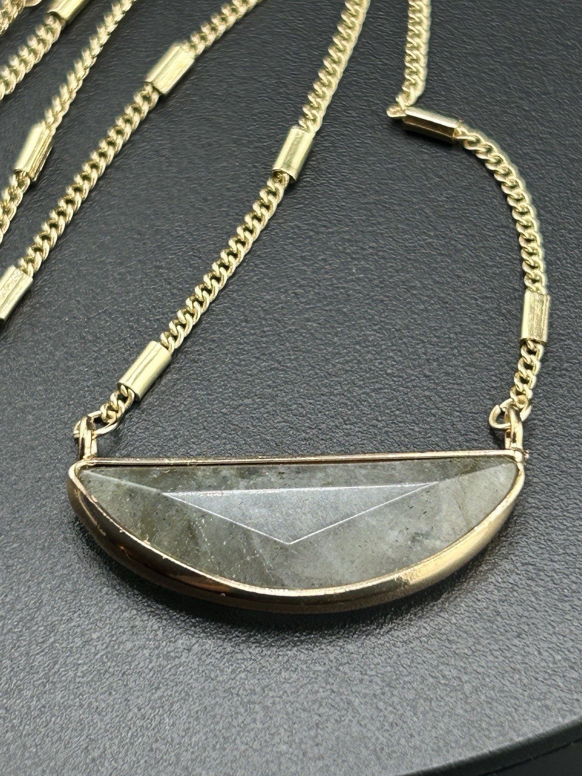 Half Circle Stone Gold Tone Chain Pendant Necklace Adjustable 17-20”