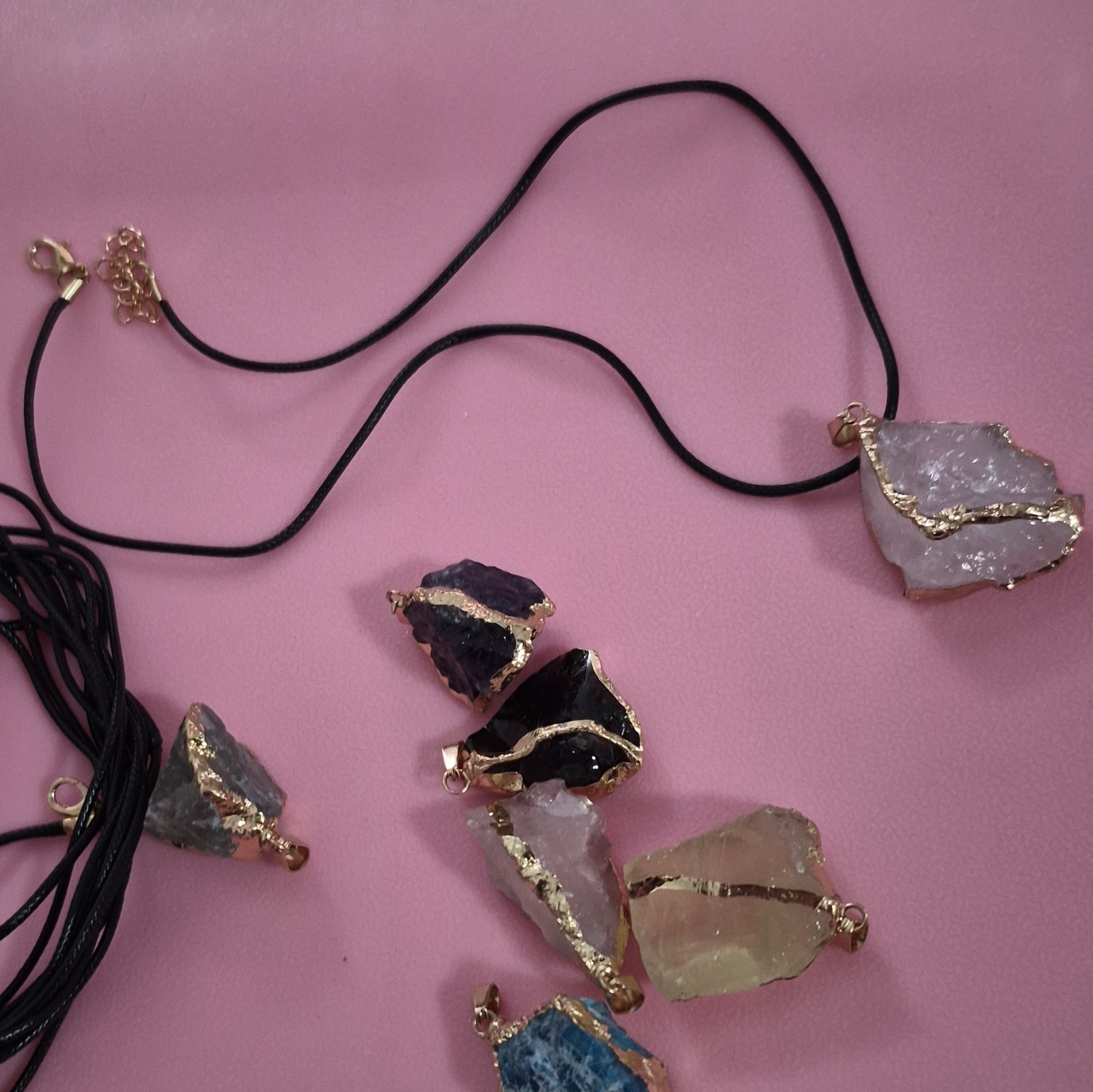Lot Rough Clear Quartz Pendant Necklaces Black Cord Adjustable