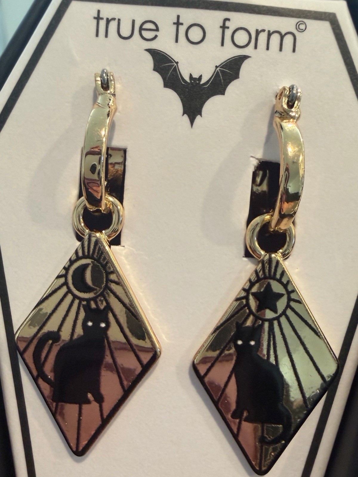 True to Form Black Cat Moon Star Halloween Dangle Hoop Earrings Nickel Free