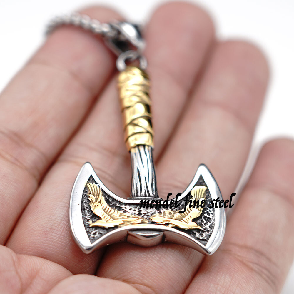 MENDEL Mens Gold Plated Nordic Viking Raven Axe Pendant Necklace Stainless Steel