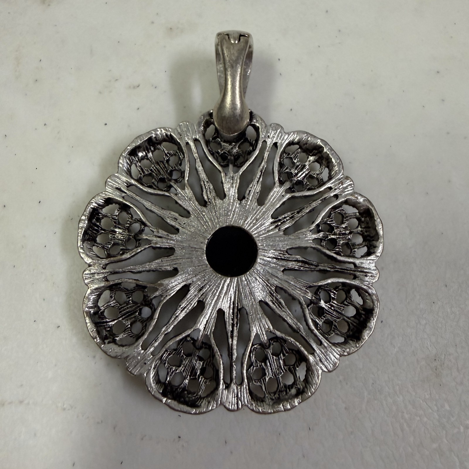Premier Designs Ornate Silver Tone Black Faceted Stone Filigree Medallion Gem
