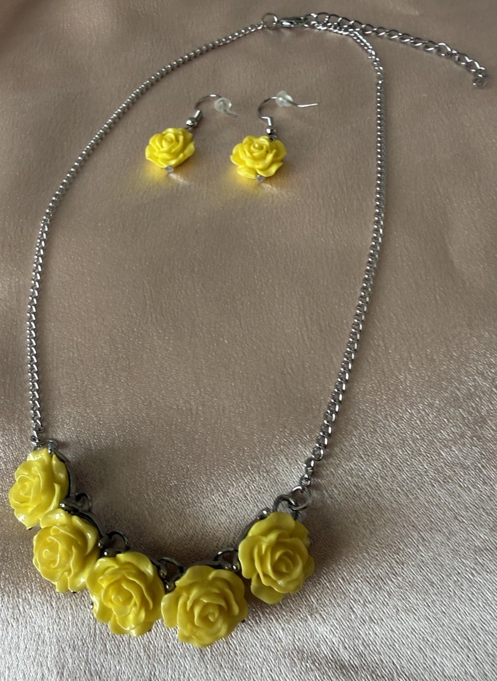 Sunflower Rose Charm Necklace & Earrings Set Yellow Flower Silver Tone Jewelry
