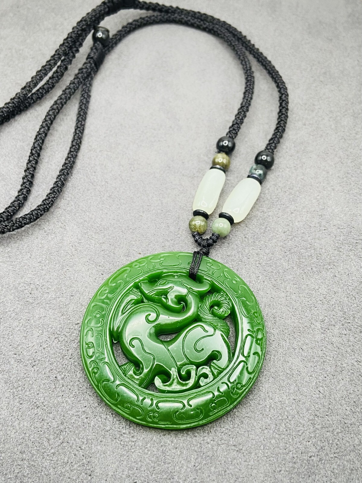 Jade Dragon Charm Pendant Necklace W/ Beads Cord Handmade Carved Green Gemstone