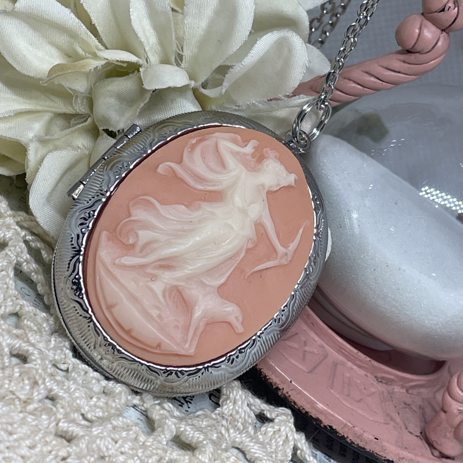 Peach Silver Anniversary gift birthday Aphrodite Roman ARTEMIS Locket Necklace