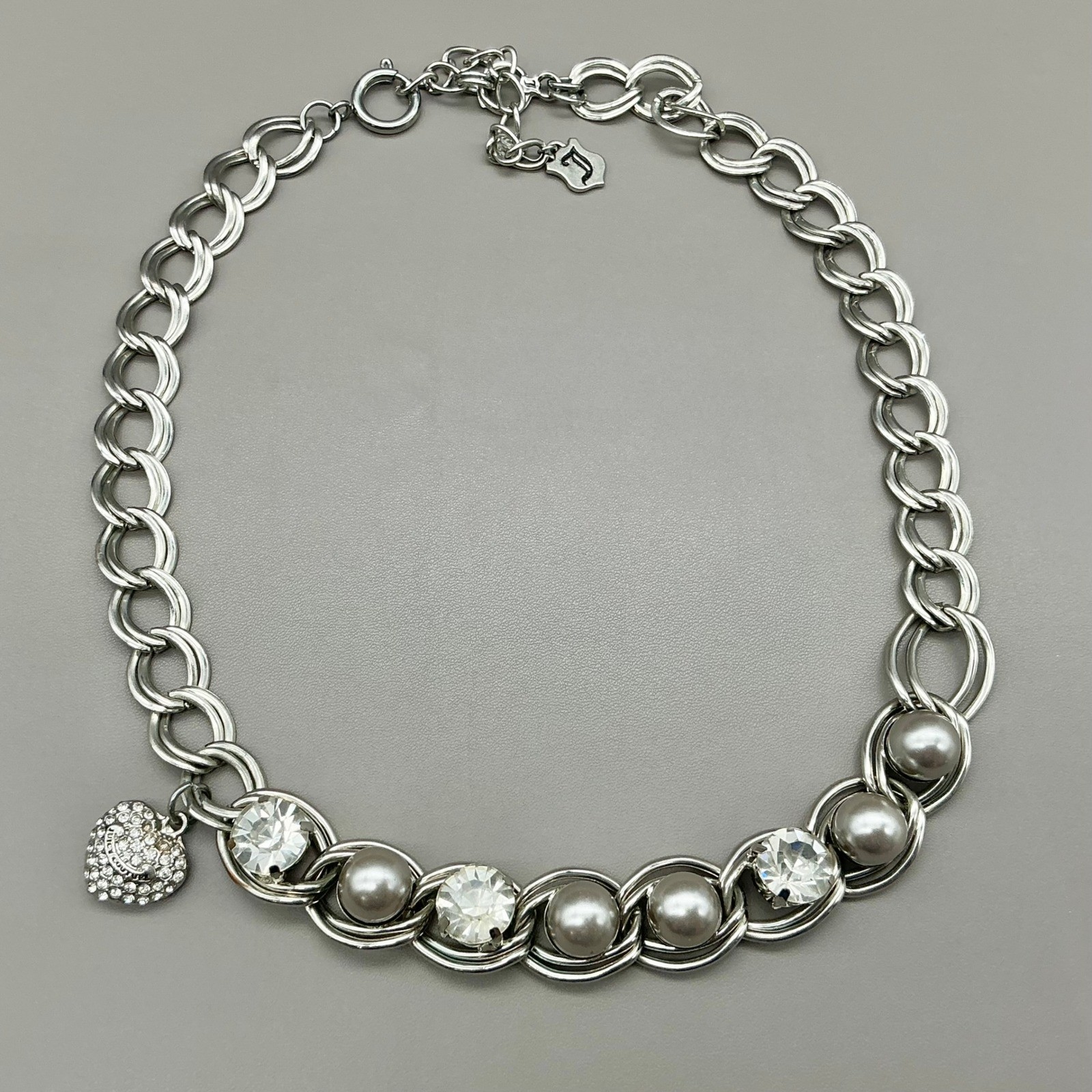 Juicy Couture Necklace Gray Faux Pearl Crystal Silver Tone Heart Charm 17-20″