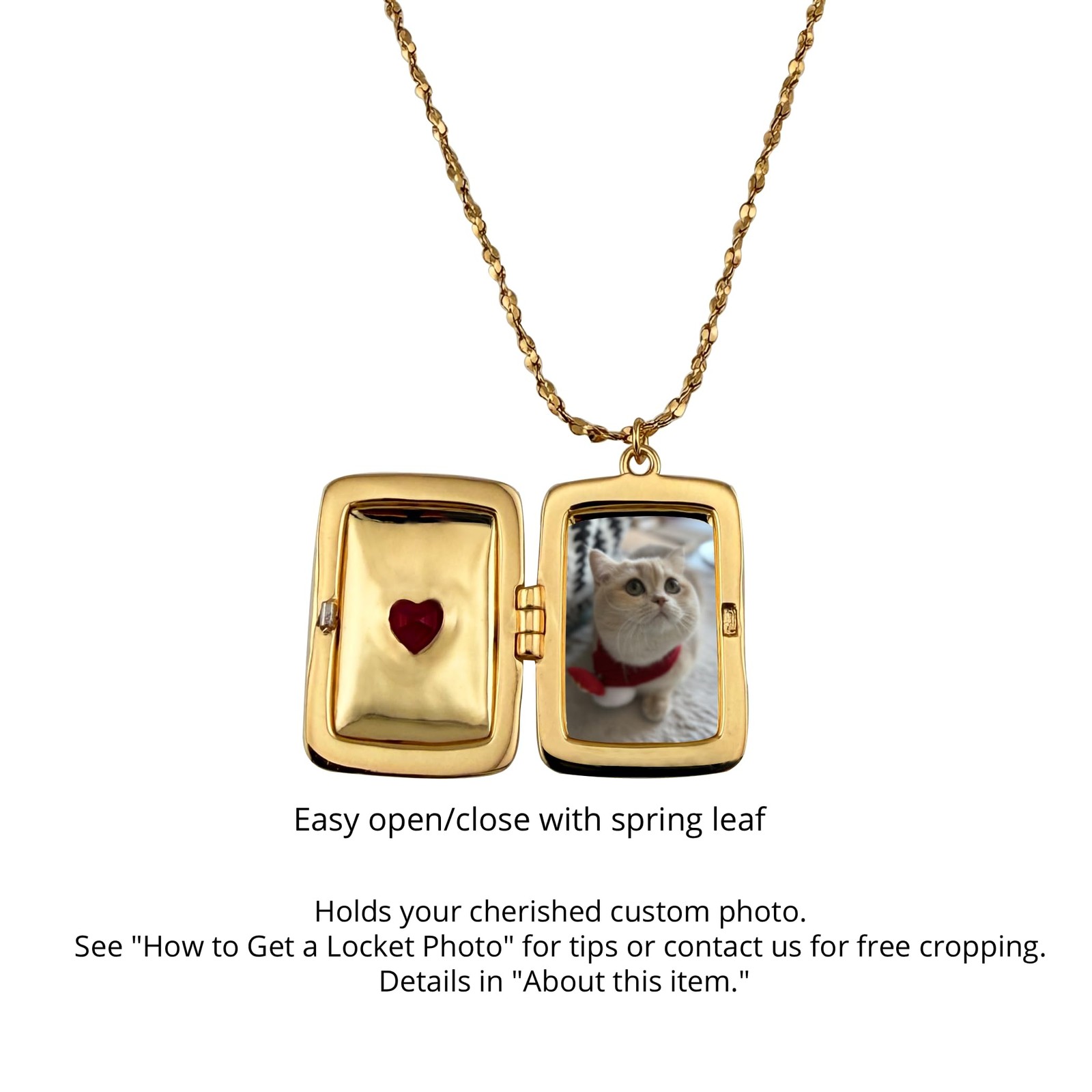 Vintage Gold-Tone Rectangular Locket Necklace with Red Heart