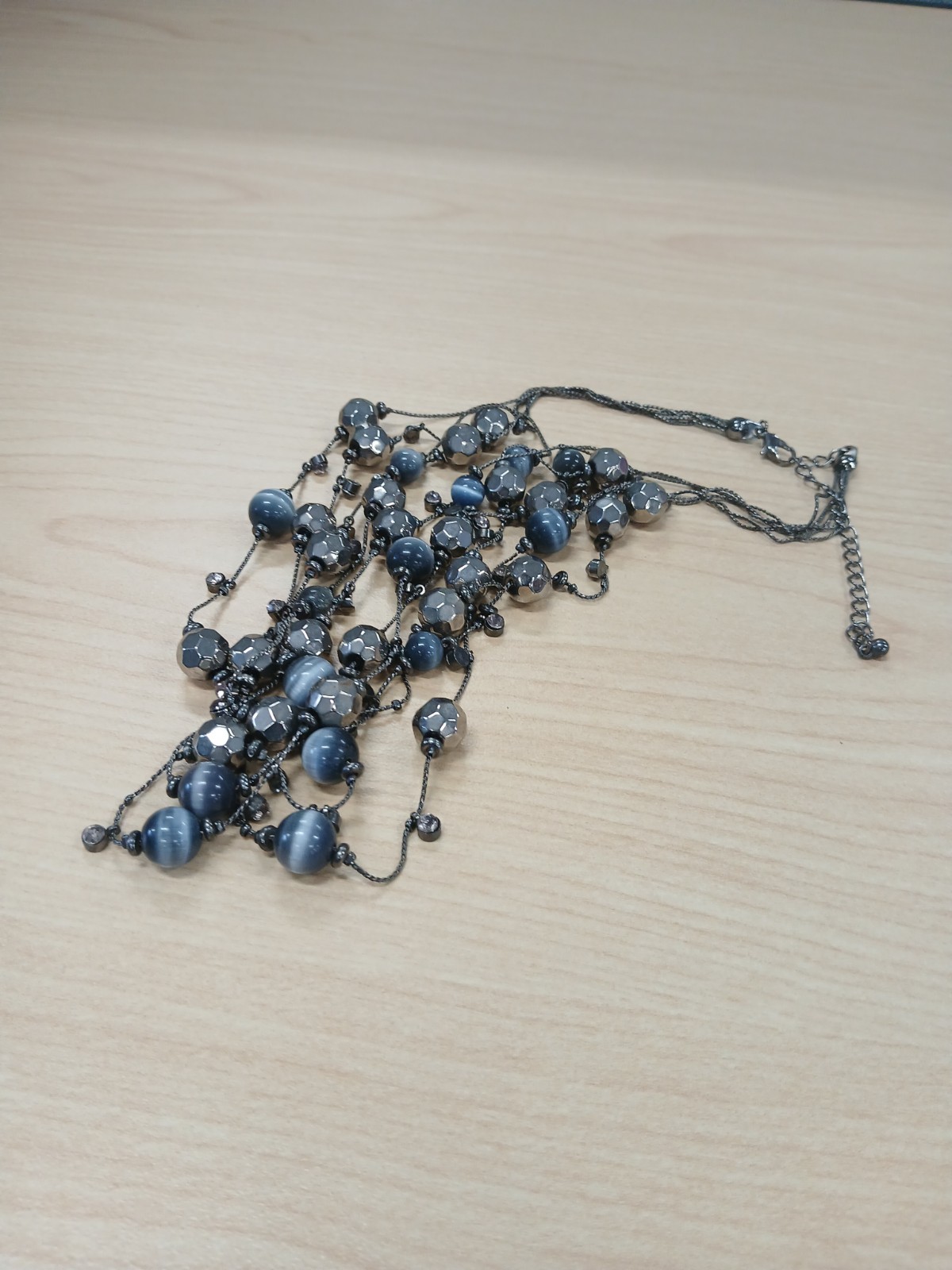 Blue Glass Round Bead Multi-Strand Statement Necklace Crystal Silver Lobster