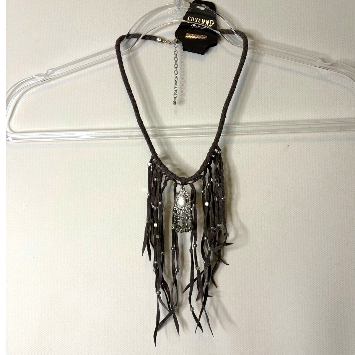 Shyanne Faux Leather Braided Silver Tone Beaded Fringe Western Necklace NEW