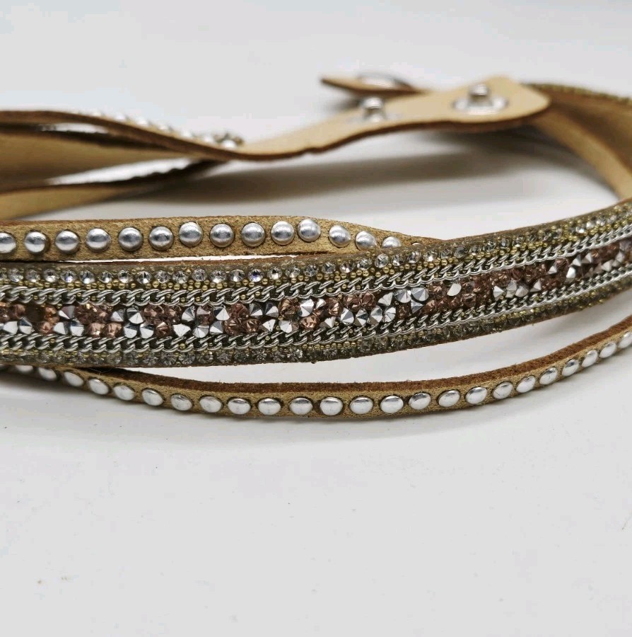 Crystal Leather Choker Necklace Three Row Tan Leather Adjustable 15 in