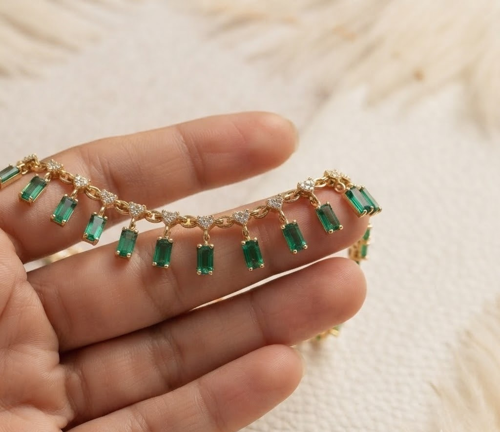 Green Emerald Tennis Necklace 925 Sterling Silver Gold Plated Statement Jewelry
