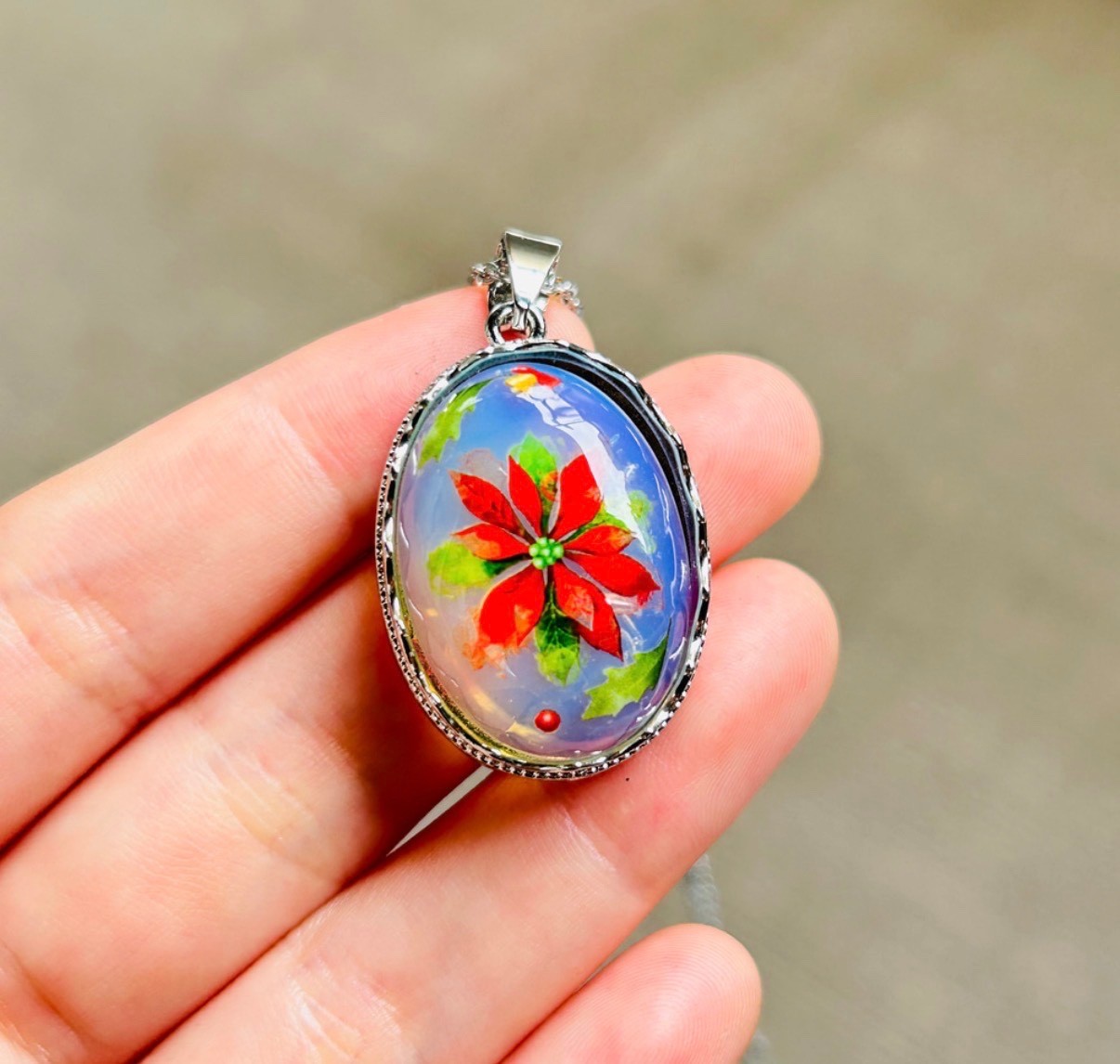 Opal Poinsettia Necklace | October Birthstone | Christmas Floral Pendant |